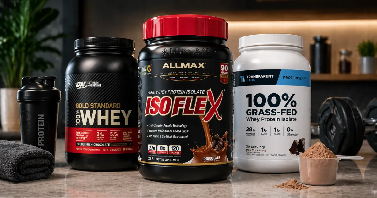 Protein powder comparison featuring AllMax IsoFlex, ON Gold Standard Whey, and Transparent Labs tub