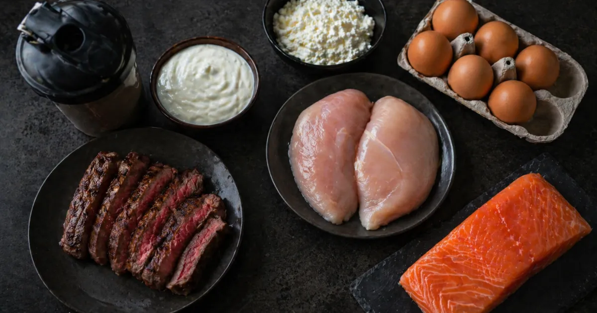High-protein foods including salmon, chicken, steak, eggs, yogurt, and protein shake on dark background.